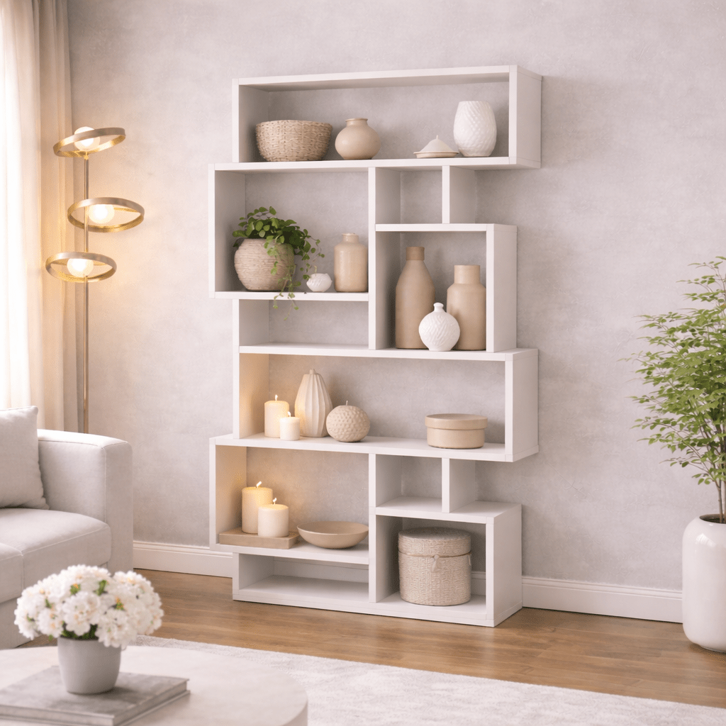 Boekenkasten - Asymmetrische boekenkast wit melamine Karmato 96x168,5x25,5 cm - Dimehouse