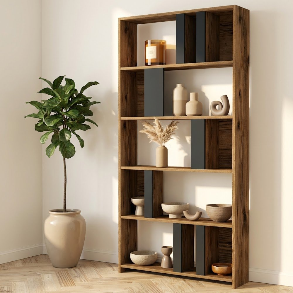 Asymmetrisk reol antracit valnød melamin Lima 90x180x20 cm