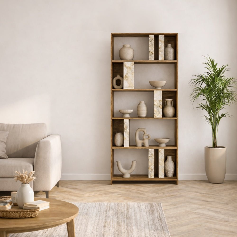 Asymmetrisk reol marmor look valnød melamin Lima 90x180x20 cm