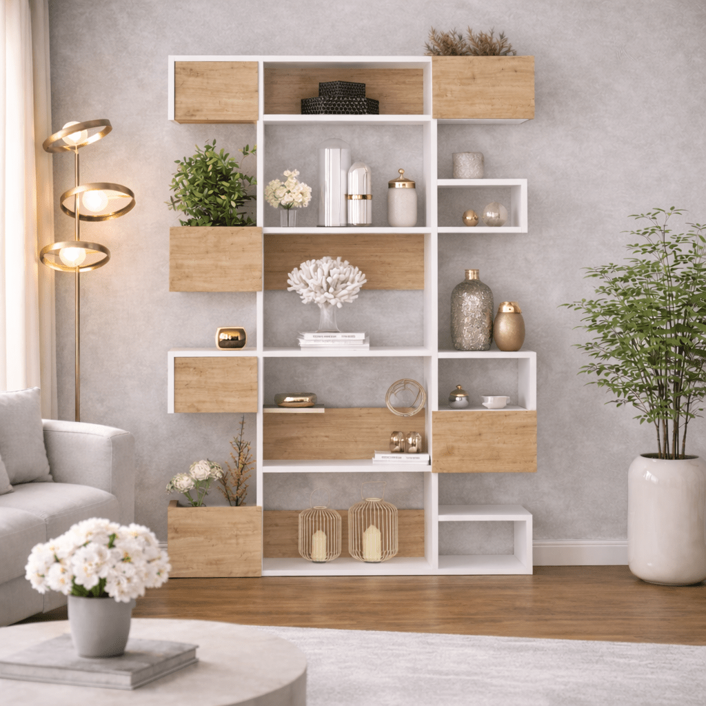 Boekenkasten - Moderne boekenkast met asymmetrische vakken wit eiken melamine Niho 120x171x20 cm - Dimehouse