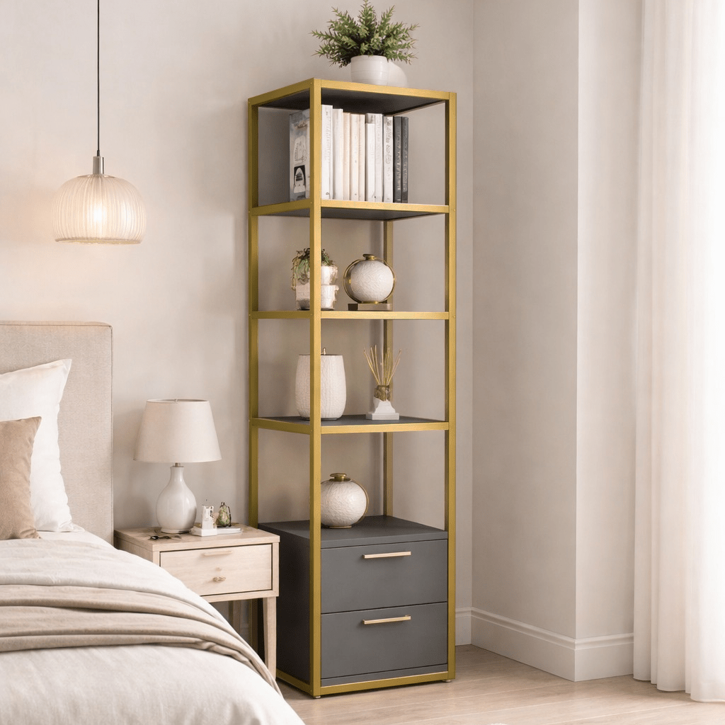 Boekenkasten - Boekenkast Robbins Gold Goud Antraciet Melamine 39x160x39 cm - Dimehouse
