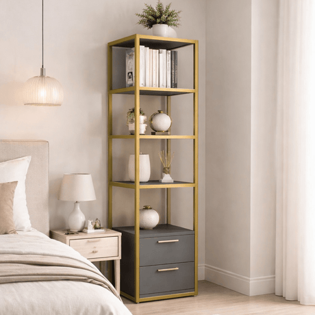 Boekenkasten - Boekenkast Robbins Gold Goud Antraciet Melamine 39x160x39 cm - Dimehouse