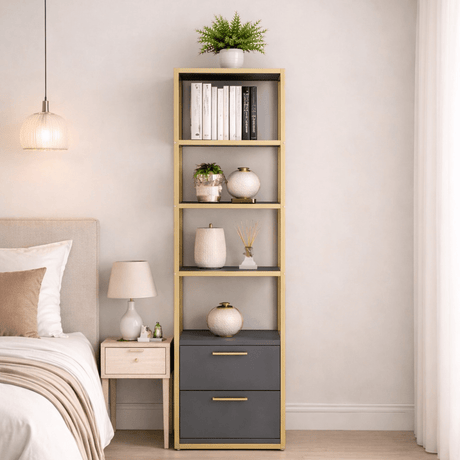 Boekenkasten - Boekenkast Robbins Gold Goud Antraciet Melamine 39x160x39 cm - Dimehouse