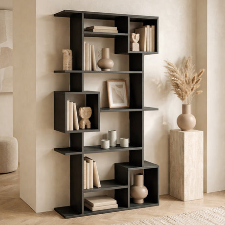 Boekenkasten - Asymmetrische boekenkast antraciet melamine Soto 92x173x28 cm - Dimehouse