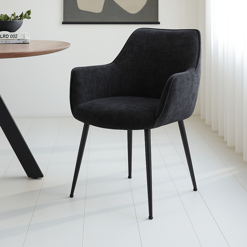 Eetkamerstoelen - Eetkamerstoel Chenille Zwart Stof Sev - Met Armleuning - Dimehouse