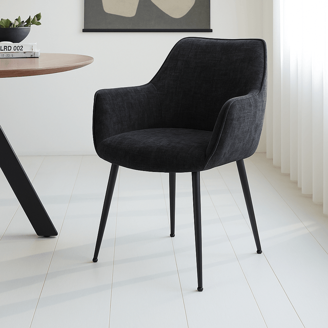 Eetkamerstoelen - Eetkamerstoel Chenille Zwart Stof Sev - Met Armleuning - Dimehouse