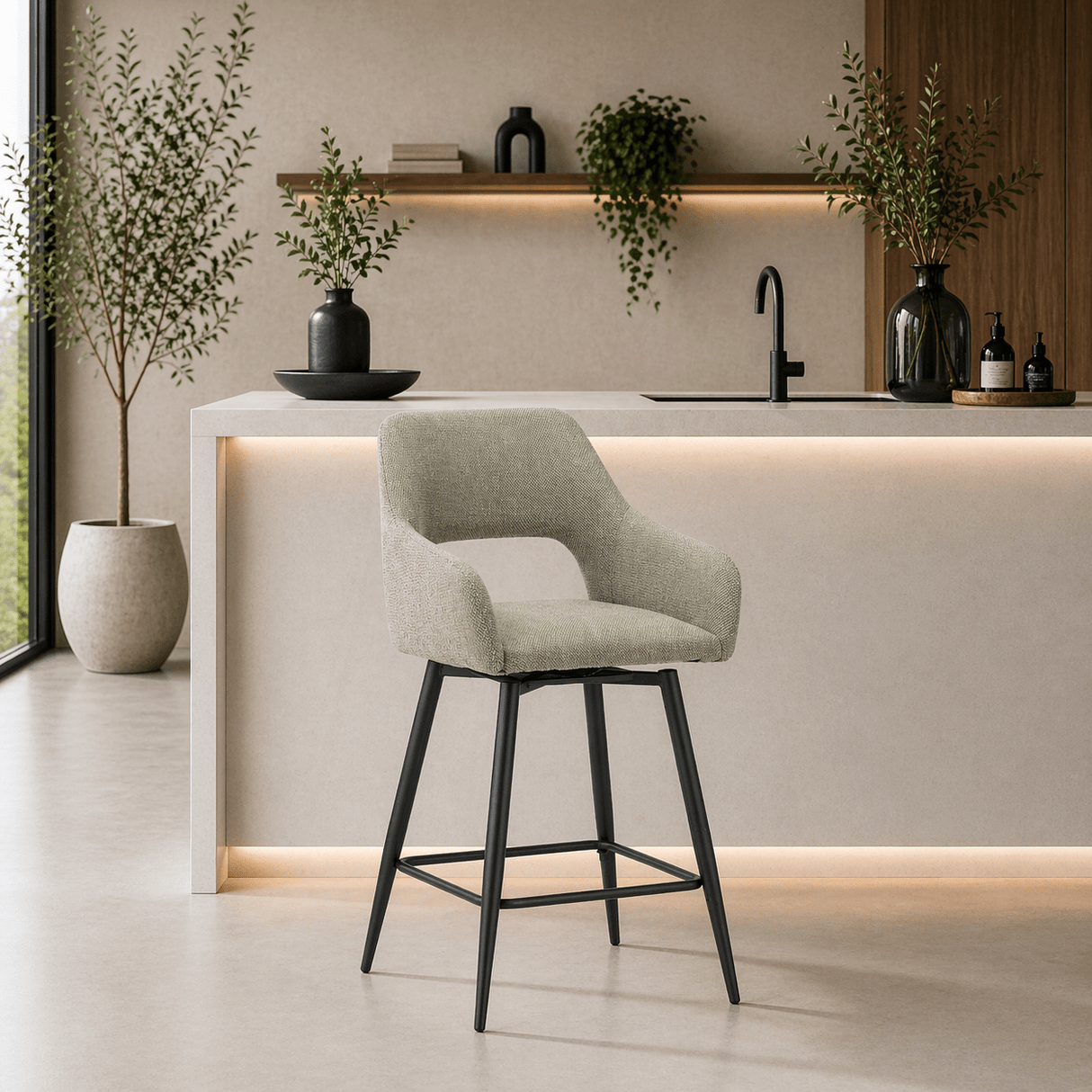 Barkrukken - Draaibare Barkruk Groen Stof Skye - Zithoogte 67 cm - Met Armleuningen - Dimehouse