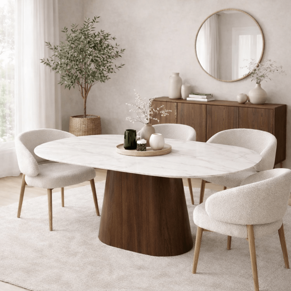 Spisebord Sintersten Marmor Look Hvid - Valnød Stel - Dansk oval - 180x90 cm - Lea