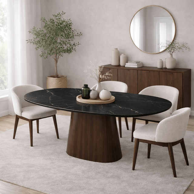 Eettafels - Eettafel Sintered Stone Marmerlook Zwart - Walnoot Frame - Deens ovaal - 180x90 cm - Lea - Dimehouse