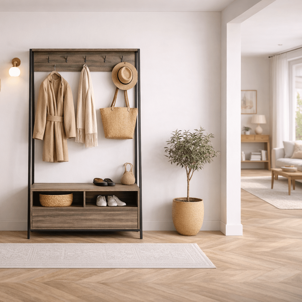 Kapstokken - Garderobemeubel Kapstok Walnoot Melamine Devon - Met Vakken en Lade - Dimehouse