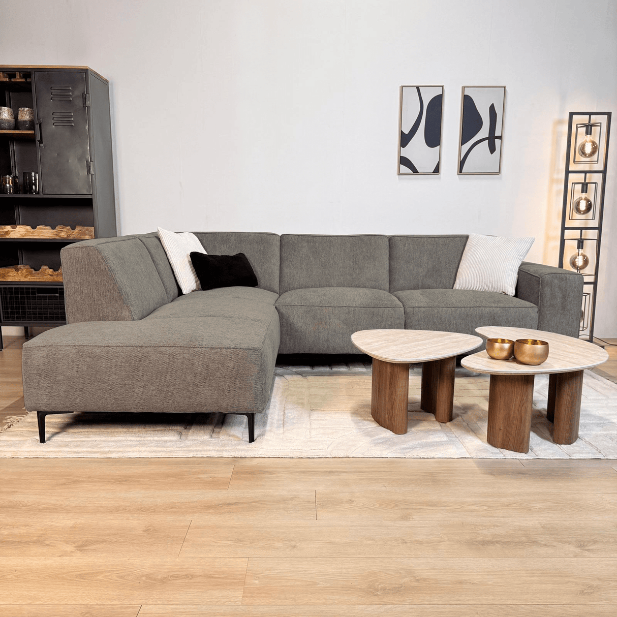 Hjørnesofa taupe chenille mønstret Ravi – venstre 