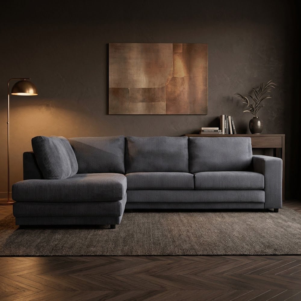 Hjørnesofa antracit ribstof puf sofa Gabi - venstre 