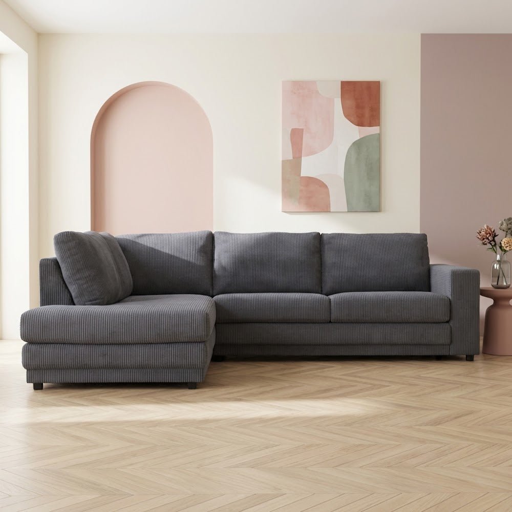 Hjørnesofa antracit ribstof puf sofa Gabi - venstre 