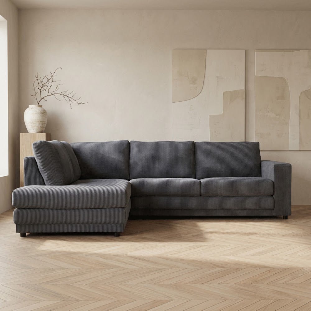 Hjørnesofa antracit ribstof puf sofa Gabi - venstre 