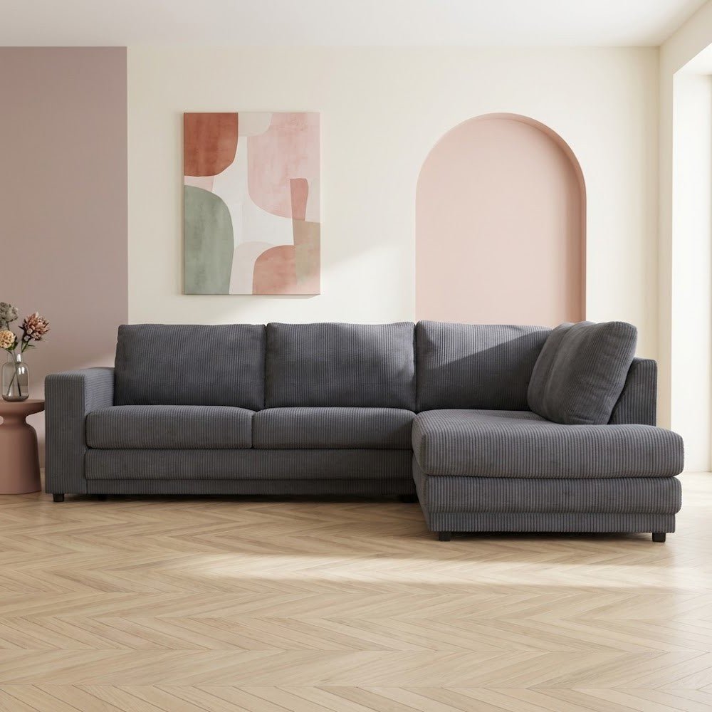 Hjørnesofa antracit ribstof puffebank Gabi - højre 