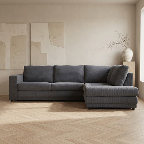 Hjørnesofa antracit ribstof puffebank Gabi - højre 