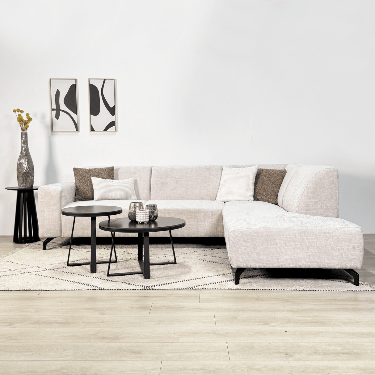 Hjørnesofa med chaise longue beige chenille stof Manon - højre 