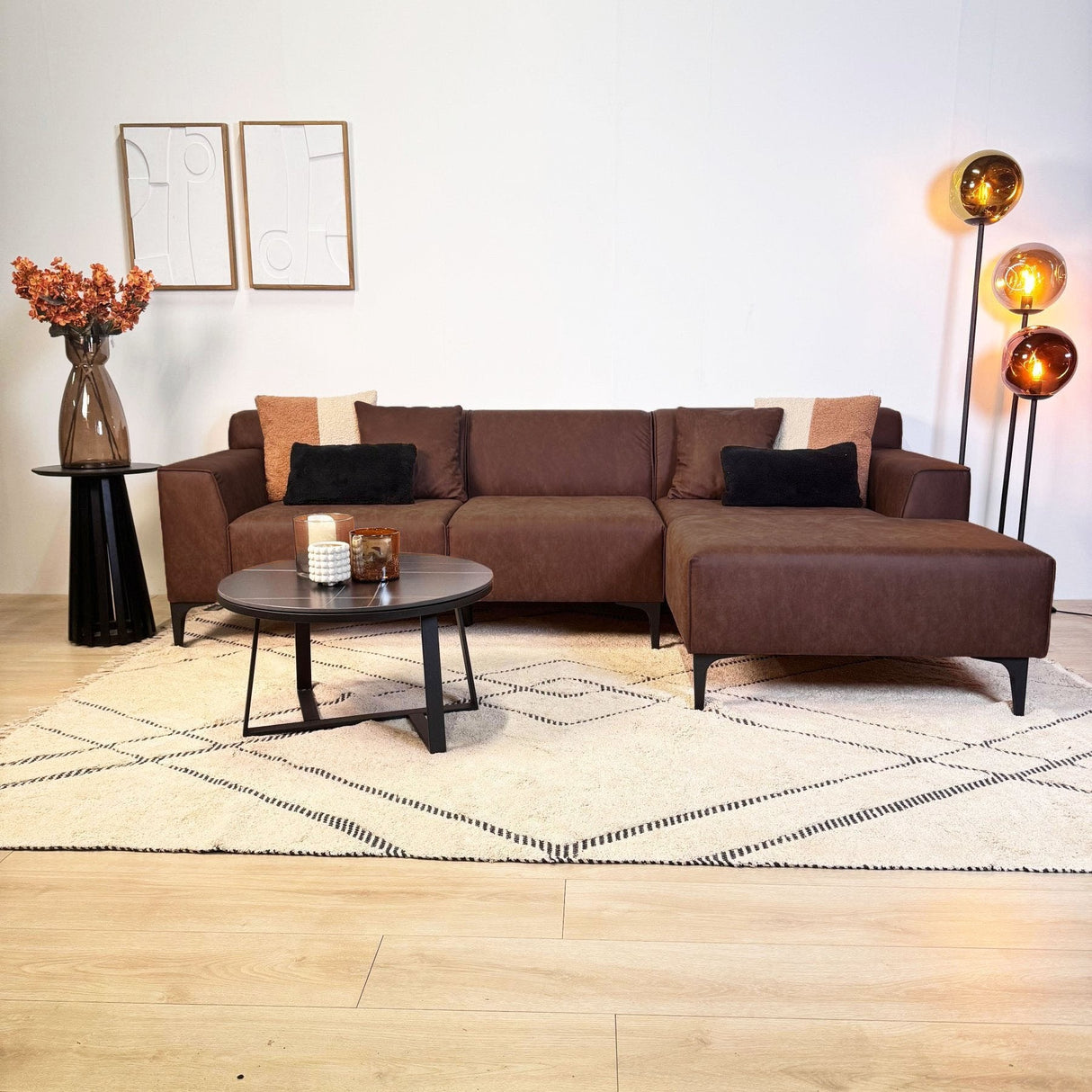 Hjørnesofa Davidson Mikrofiber Cognac med kompakt lounge - Højre 