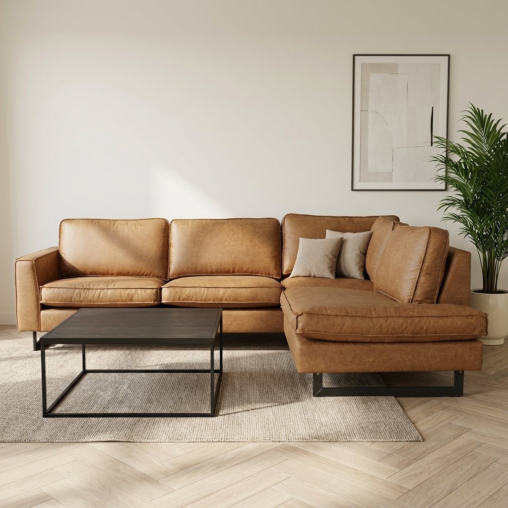 Hoekbank cognac microvezel Tulin - rechts sfeerfoto in modern interieur