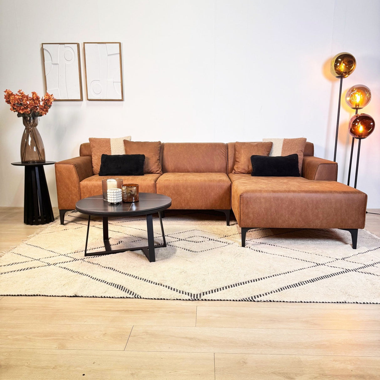 Hjørnesofa Davidson Mikrofiber Cognac med kompakt lounge - Højre 
