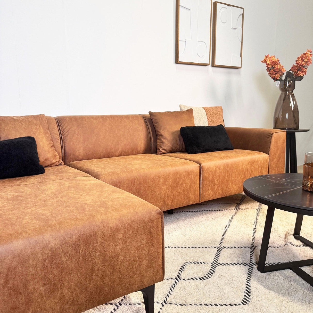 Hjørnesofa Davidson Mikrofiber Cognac med kompakt lounge - Venstre 