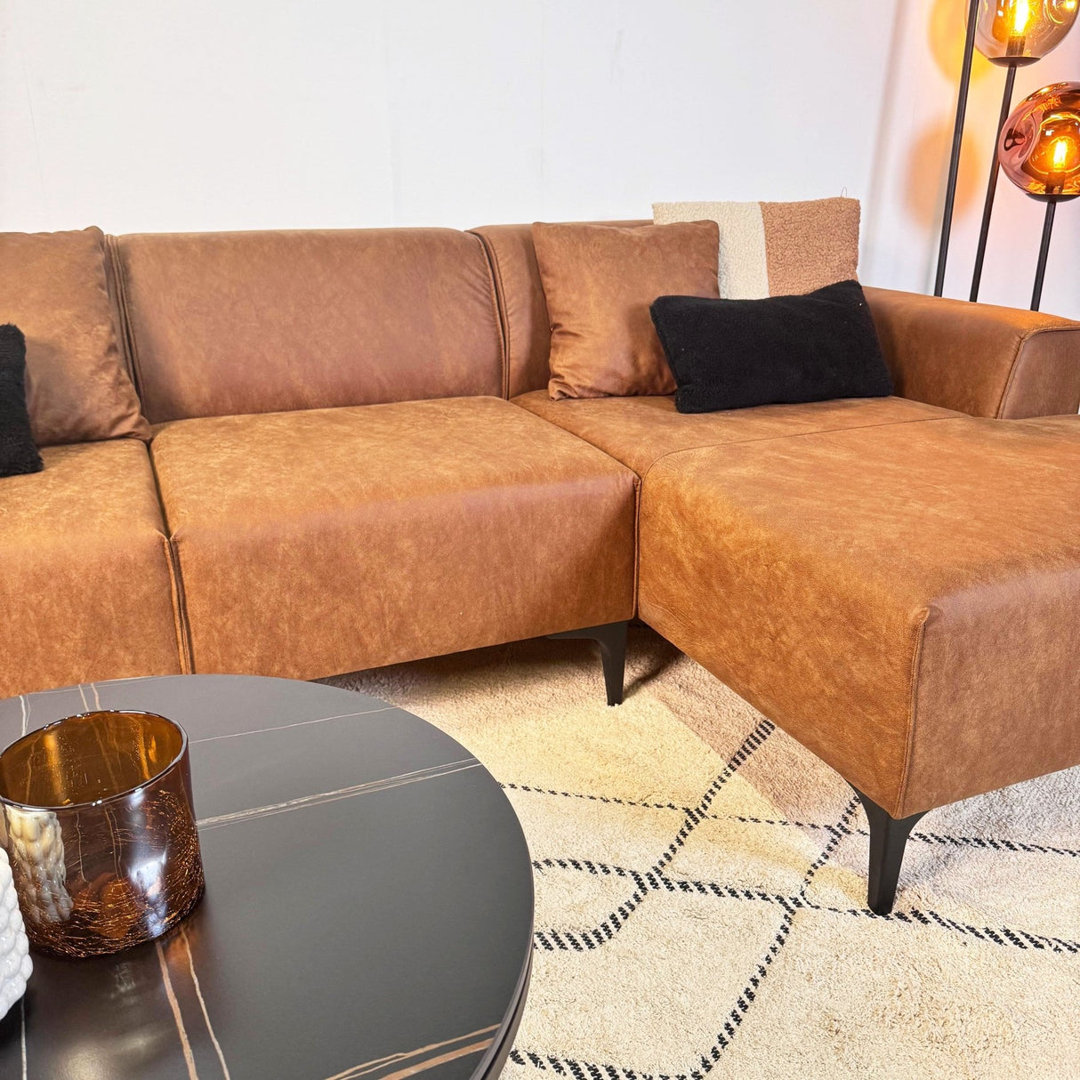 Hjørnesofa Davidson Mikrofiber Cognac med kompakt lounge - Højre 