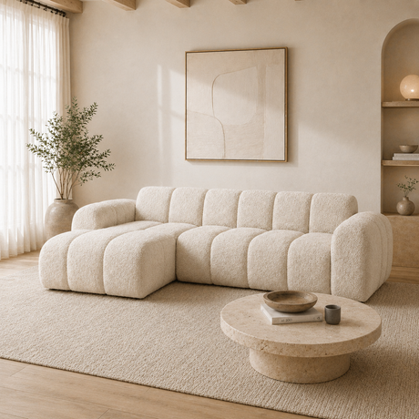 Hjørnesofa med lounge beige bouclé stof - striber - venstre - Brix
