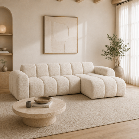 Hjørnesofa med lounge beige bouclé stof - striber - højre - Brix