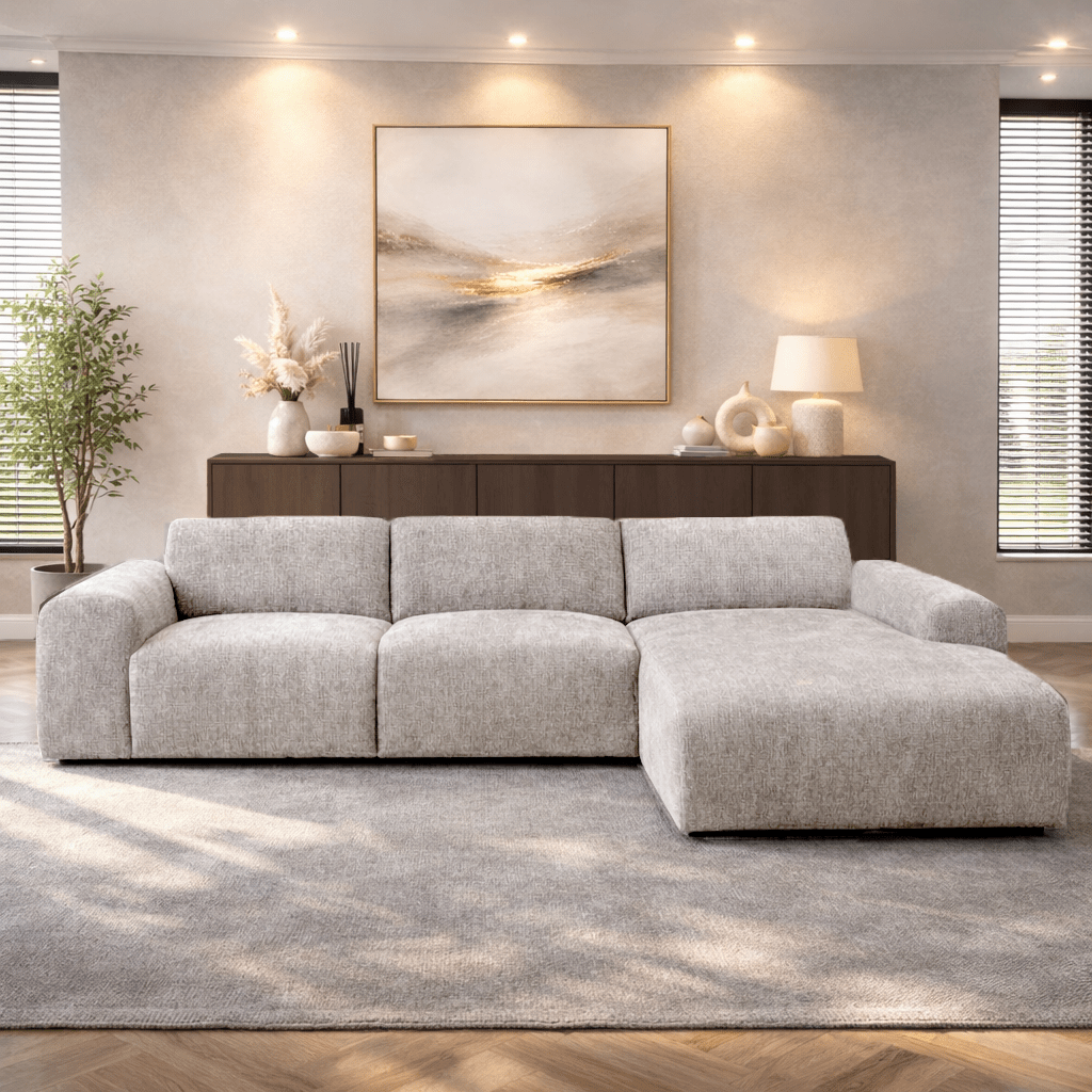 Hoekbank met lounge beige chenille stof Shane - rechts