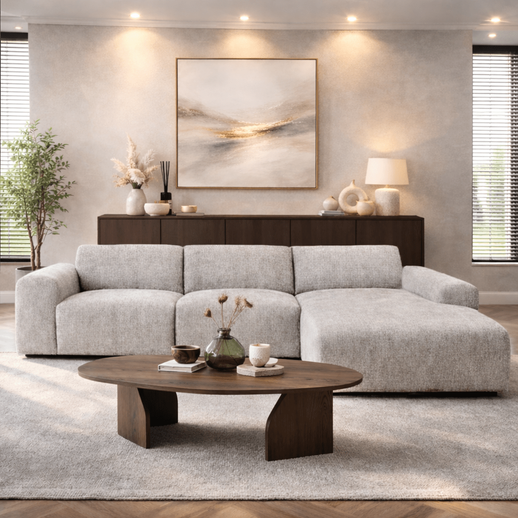 Hoekbank met lounge beige chenille stof Shane - rechts