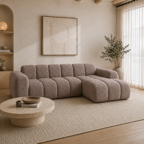 Hjørnesofa med lounge blødt brunt bouclé stof - striber - højre - Brix