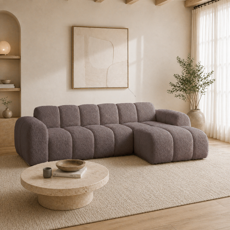 Hjørnesofa med lounge blødt brunt bouclé stof - striber - højre - Brix