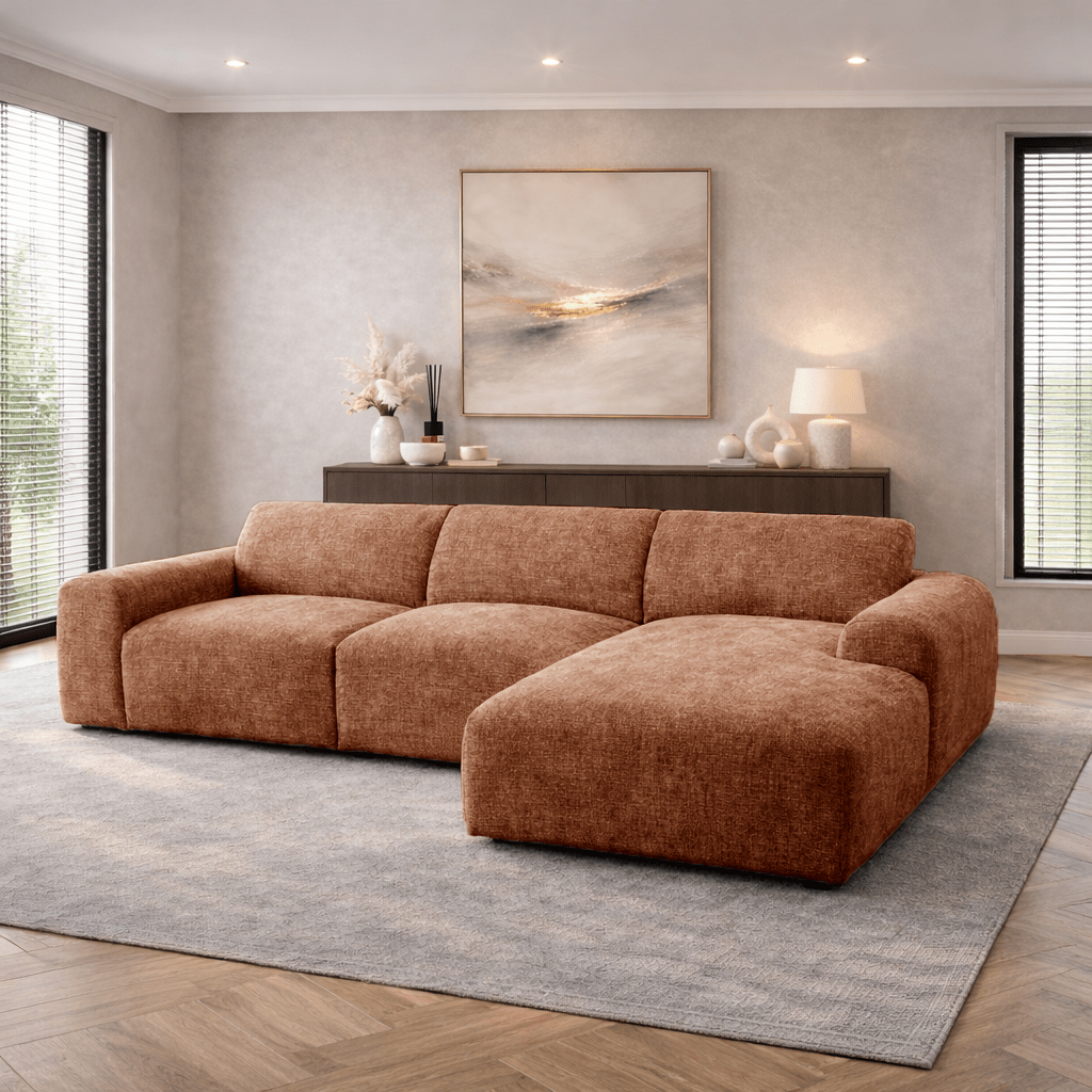 Hoekbank met lounge koper chenille stof Shane - rechts