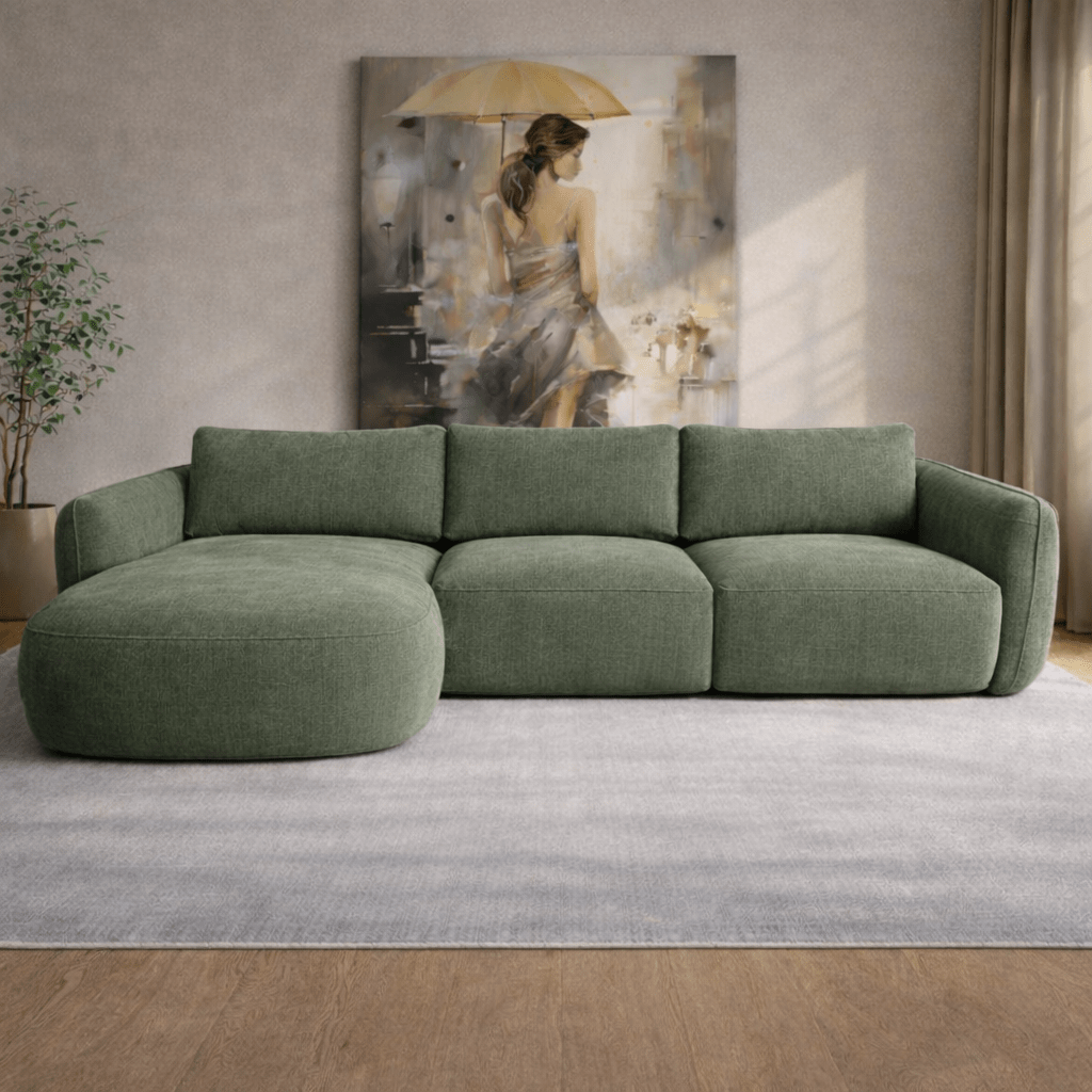 Hoekbank chaise longue olijfgroen structuurstof Dwayne - links