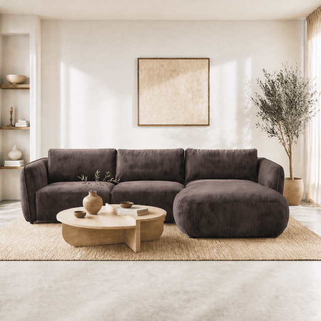Banken - Hoekbank ronde longue mokka bruin velvet structuurstof Dwayne - rechts - Dimehouse