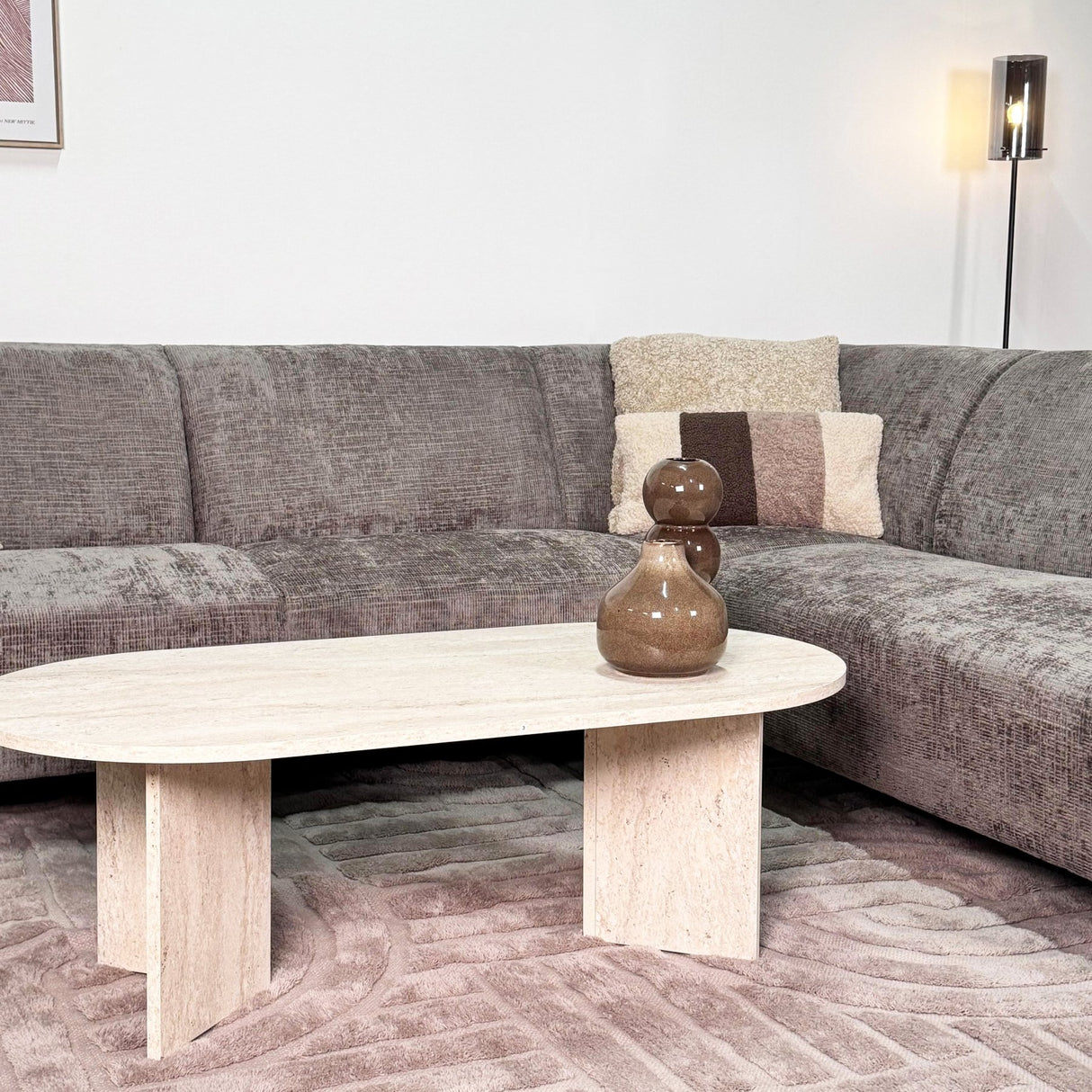 Hjørnesofa med chaiselong taupe chenille stof Manon - højre 