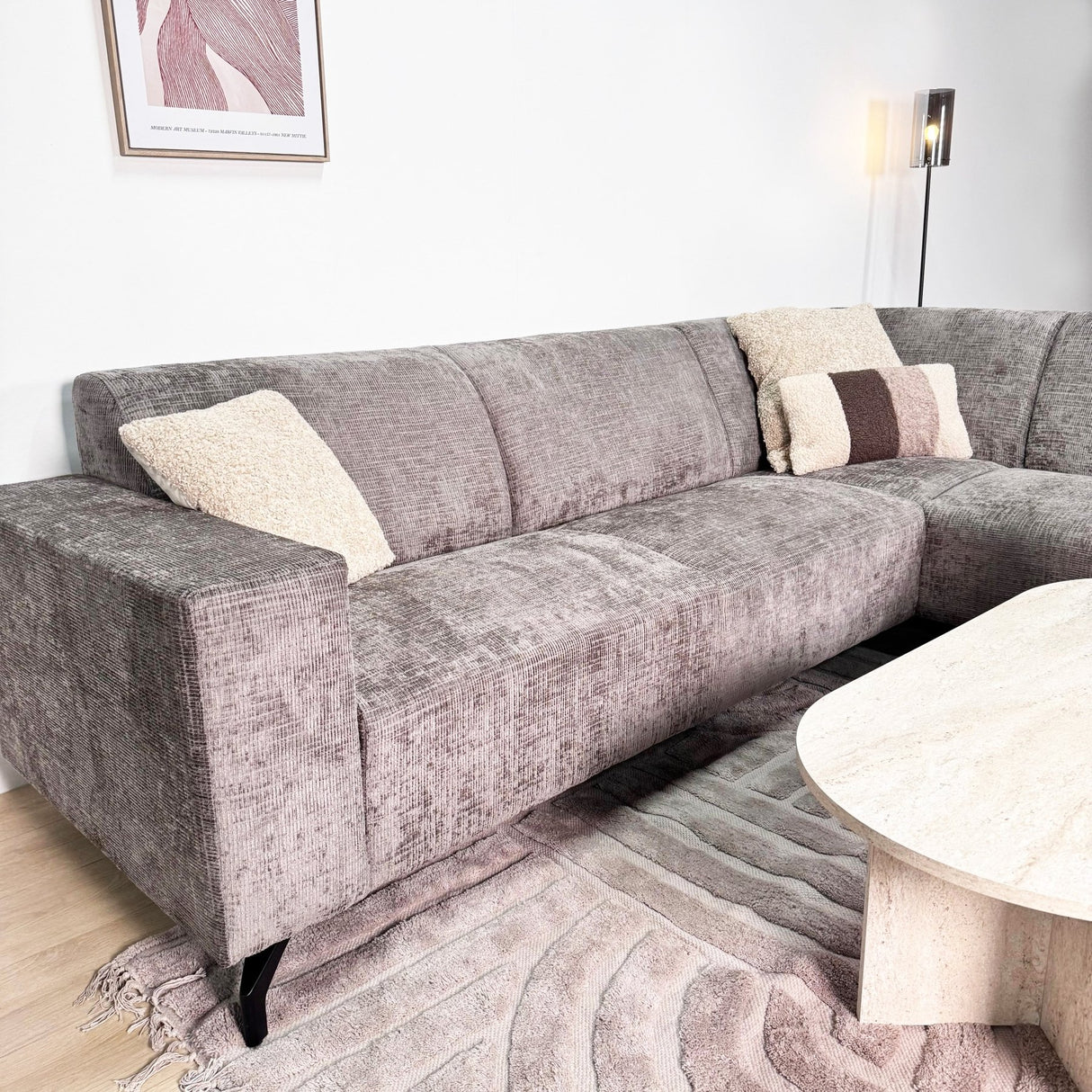 Hjørnesofa med chaiselong taupe chenille stof Manon - højre 