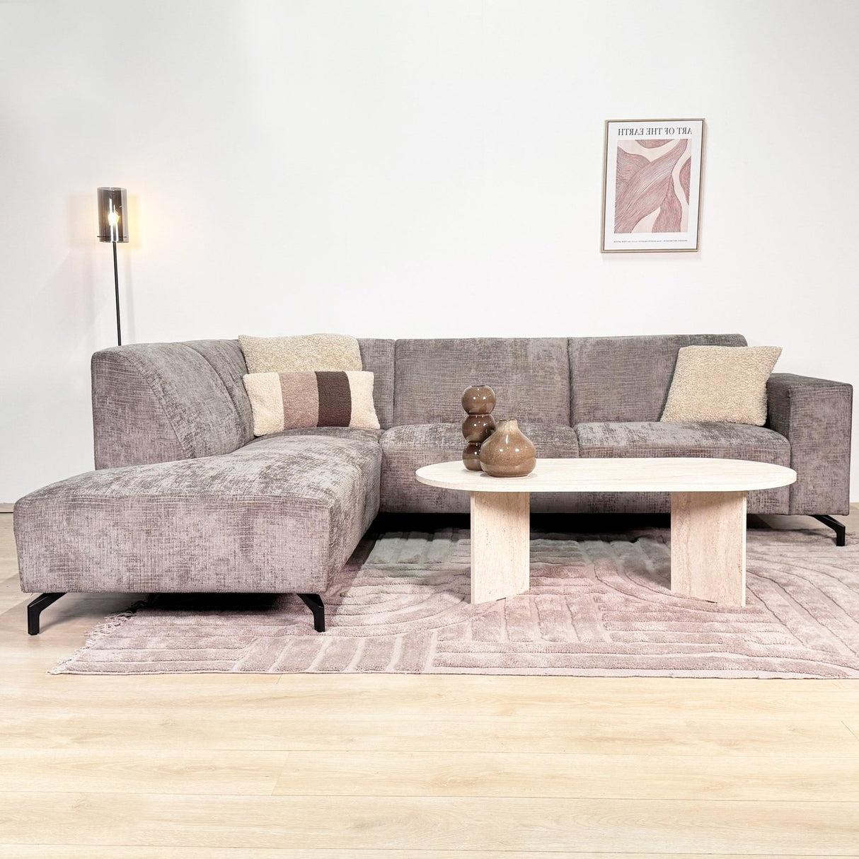 Hjørnesofa med chaise longue taupe chenille stof Manon - venstre 