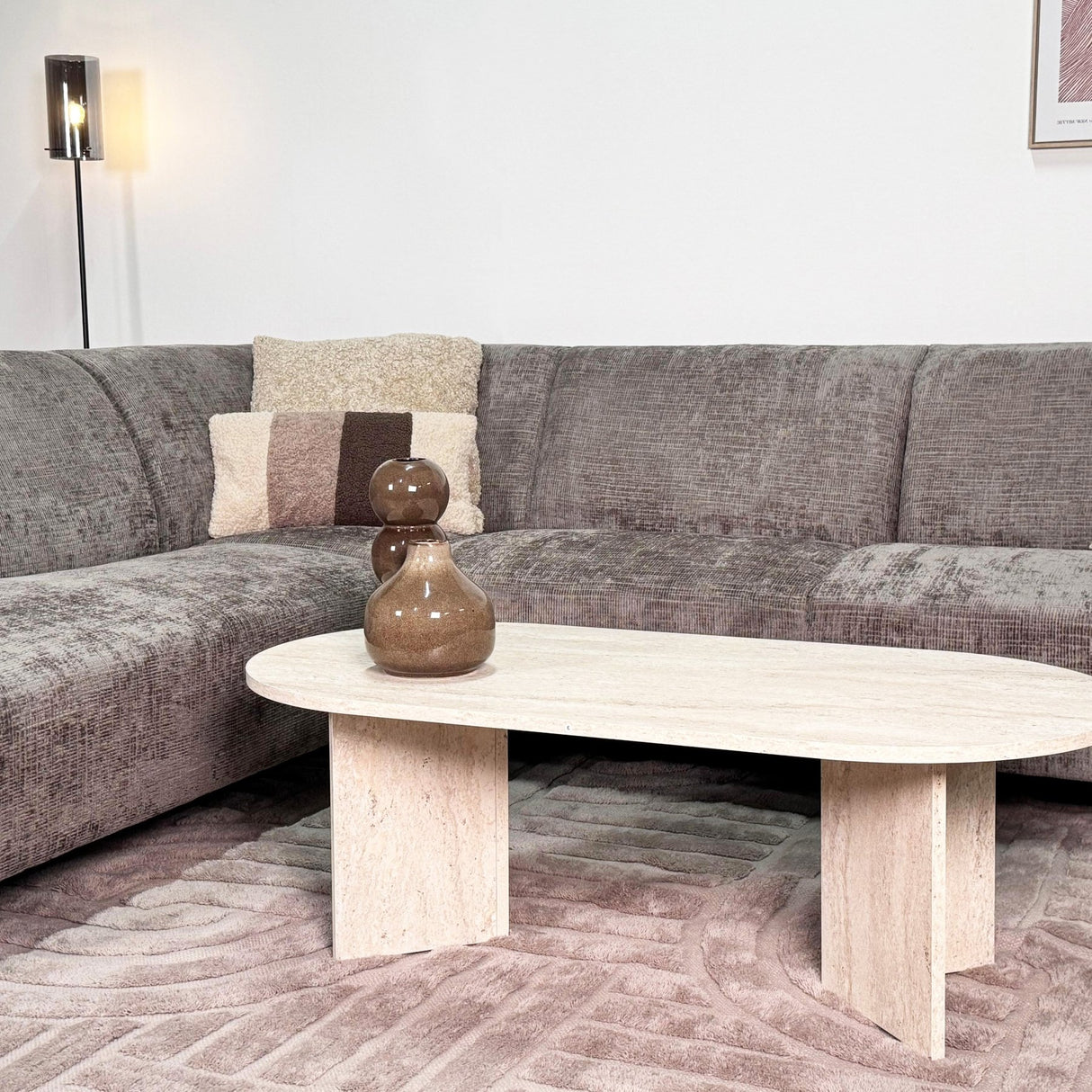 Hjørnesofa med chaise longue taupe chenille stof Manon - venstre 