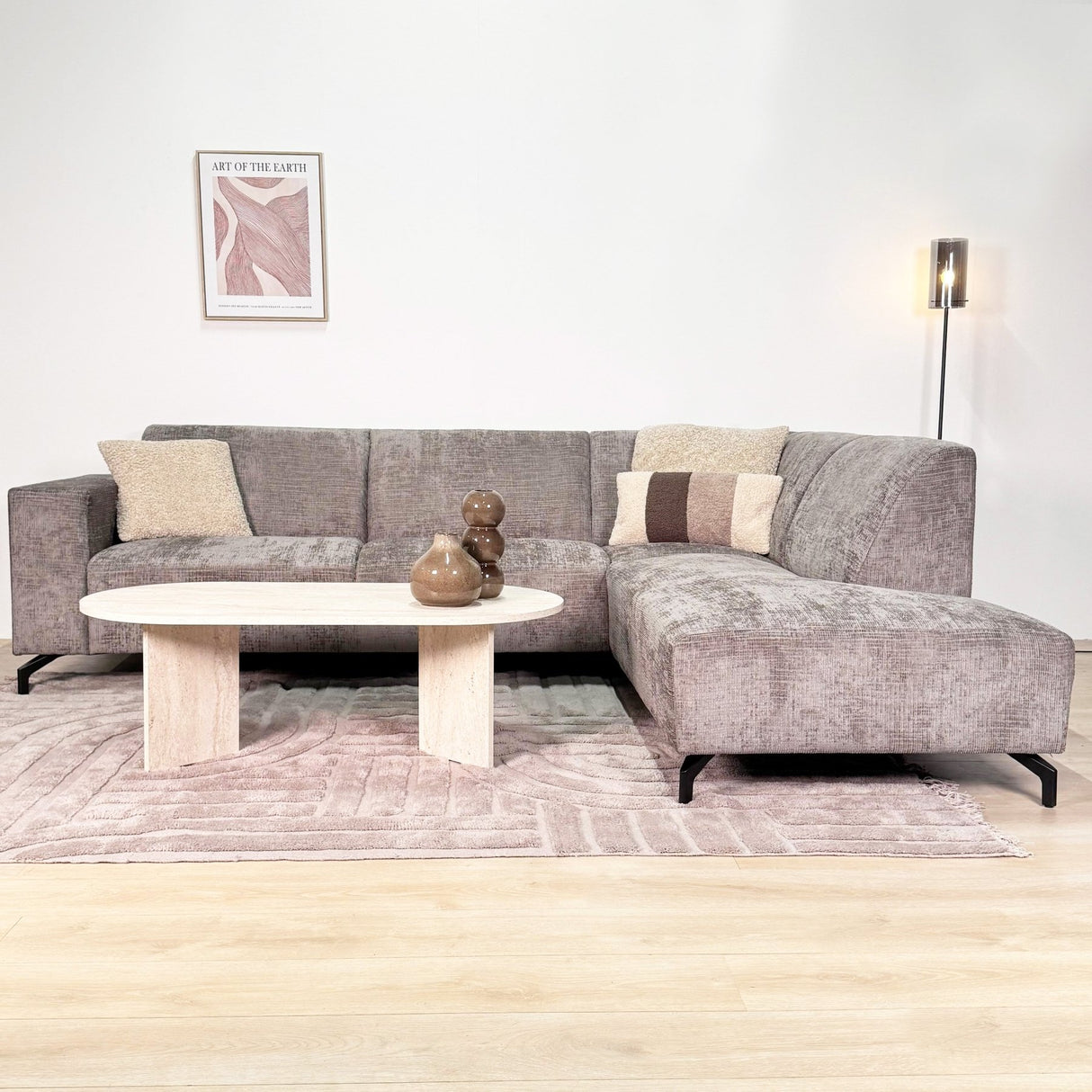 Hjørnesofa med chaiselong taupe chenille stof Manon - højre 
