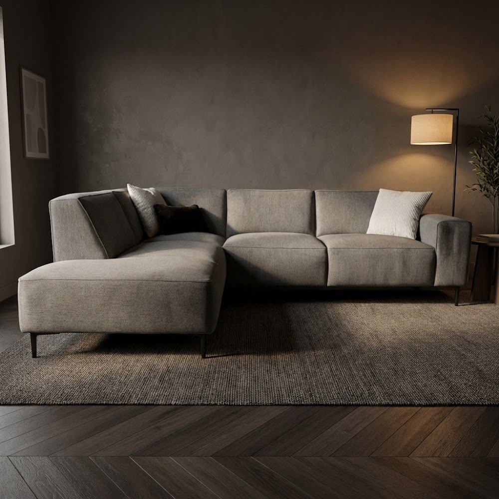 Hjørnesofa taupe chenille mønstret Ravi – venstre 