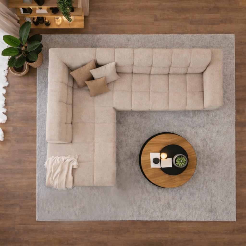 Hoekbank met lounge beige bouclé stof Nova - links