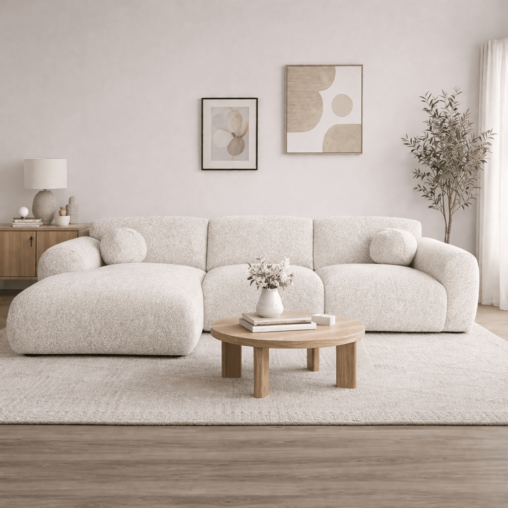 Hjørnesofa beige bouclé stof - 292x169 cm - Shane - venstre