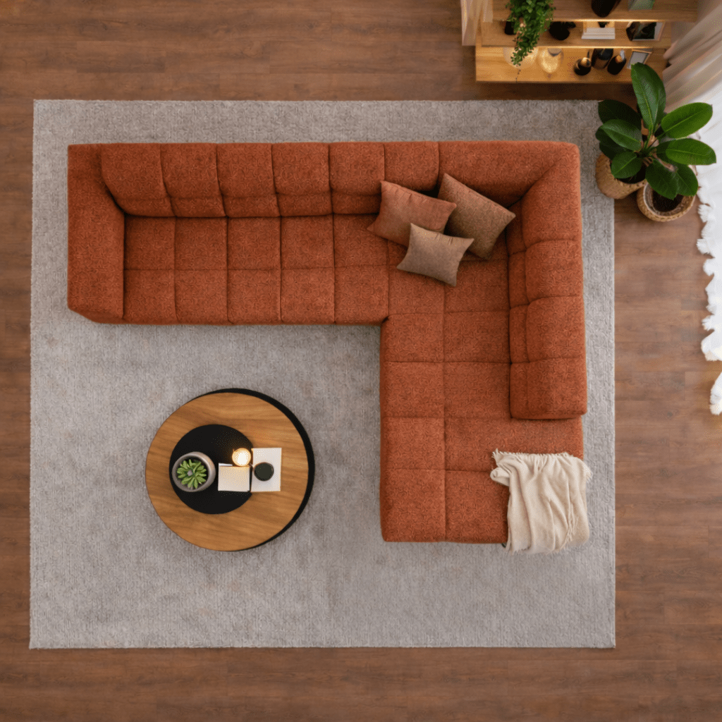 Hoekbank met lounge koper bouclé stof Nova - rechts