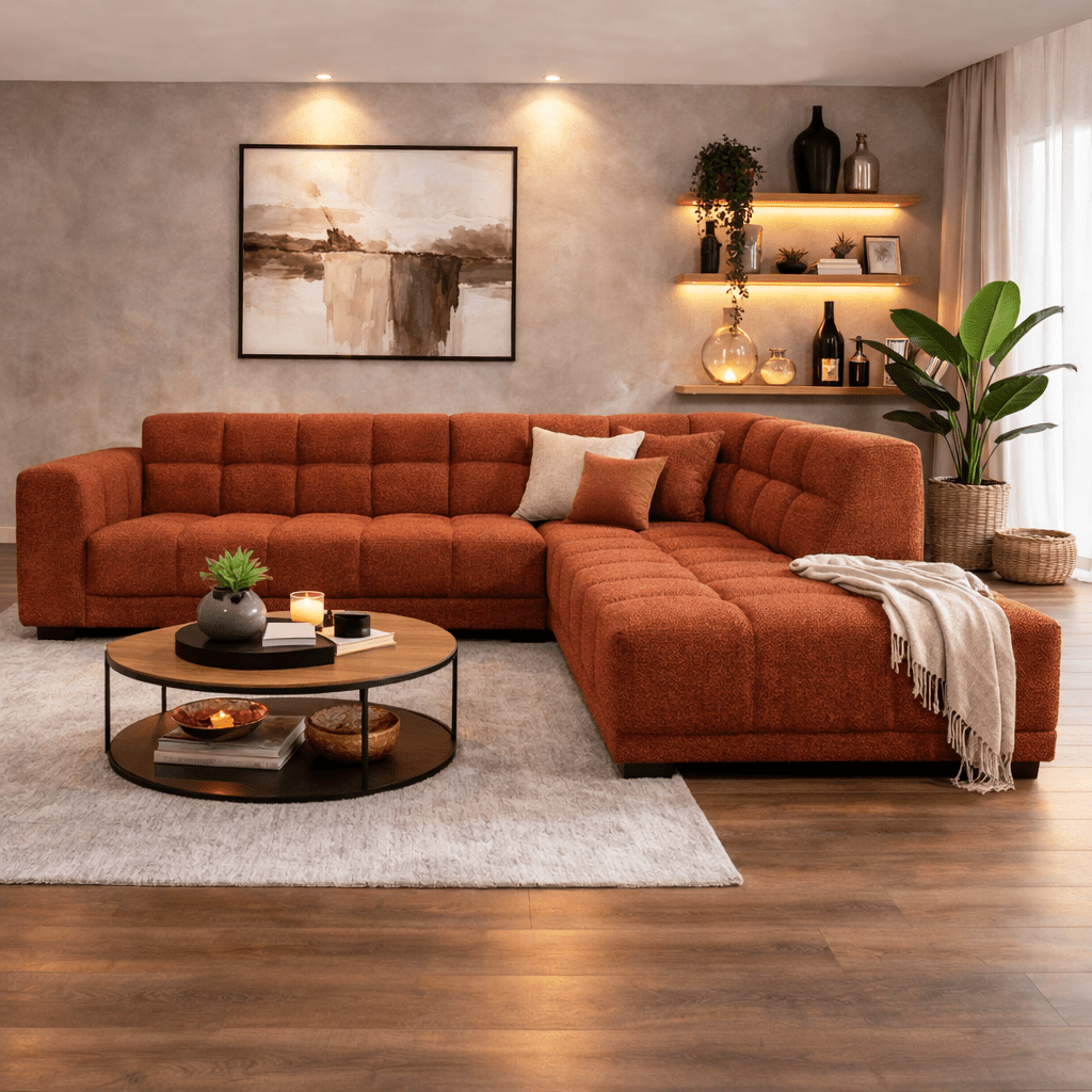 Hoekbank met lounge koper bouclé stof Nova - rechts