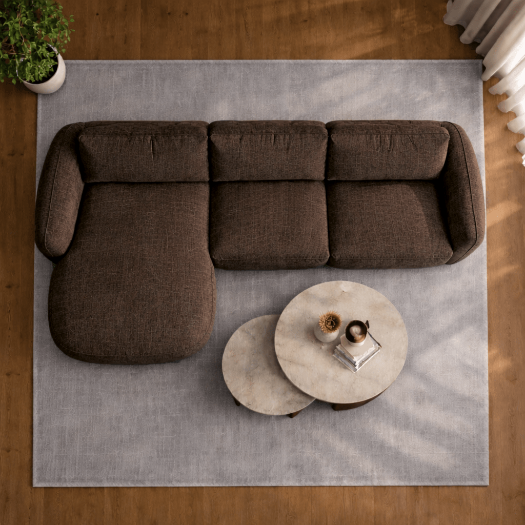 Hoekbank chaise longue mokka bruin structuurstof Dwayne - links