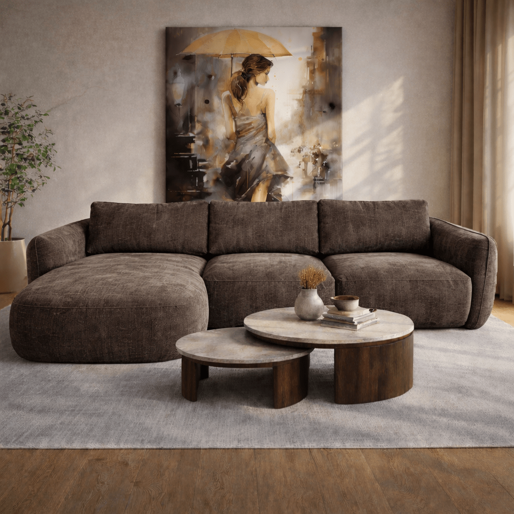 Hoekbank chaise longue mokka bruin structuurstof Dwayne - links