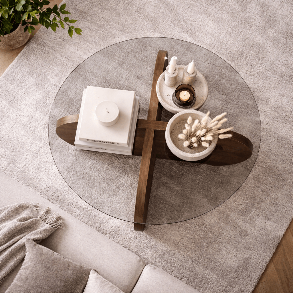 Salontafels - Ronde salontafel Aris walnoot melamine en transparant glas 75 cm - Dimehouse