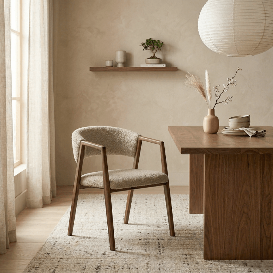 Japandi spisebordsstol i sandfarvet bouclé Kyo - stel i valnød - med armlæn