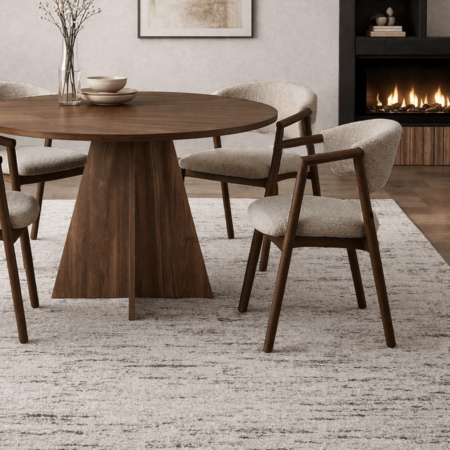 Japandi spisebordsstol i sandfarvet bouclé Kyo - stel i valnød - med armlæn